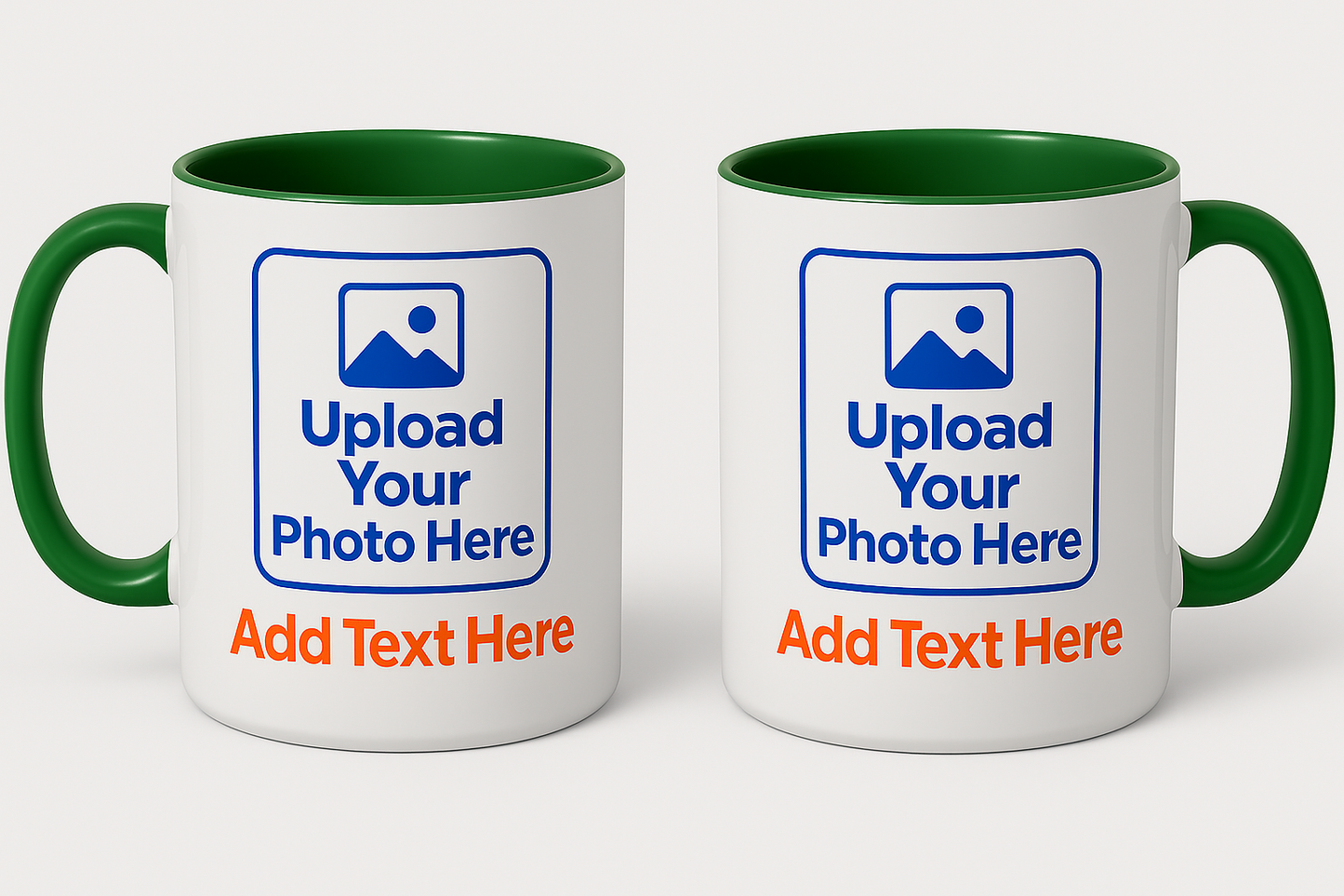 Custom Coffee Mug with photo & text showing white mugs with green handles and interiors for personalized photo and text printing