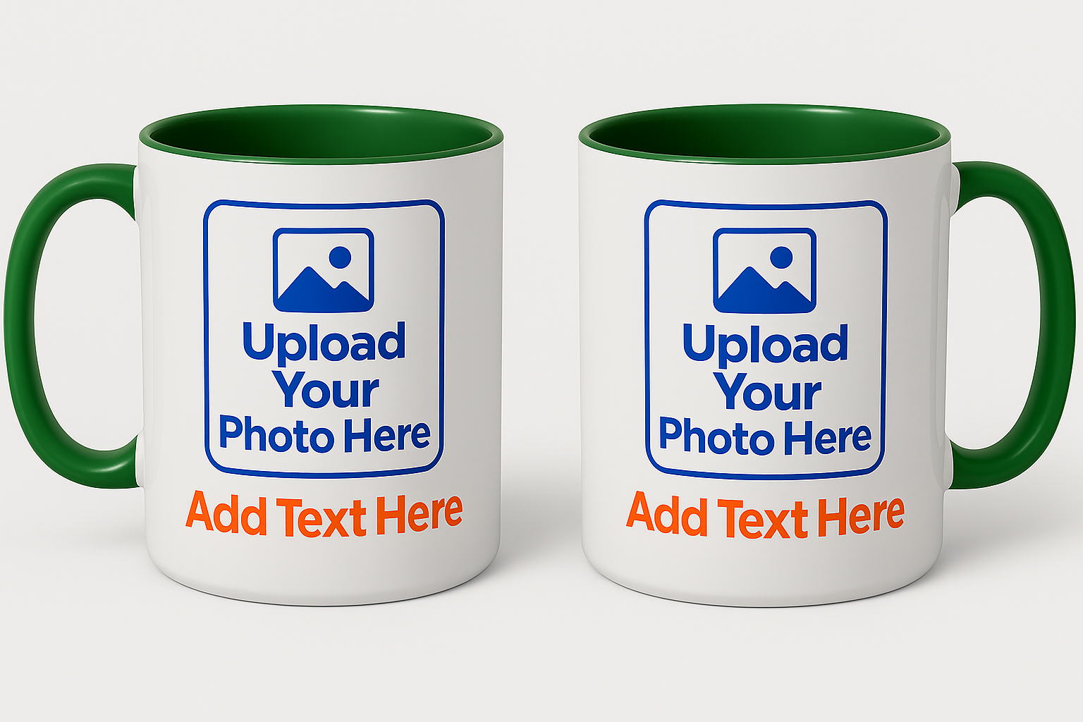 Custom Coffee Mug with photo & text showing white mugs with green handles and interiors for personalized photo and text printing