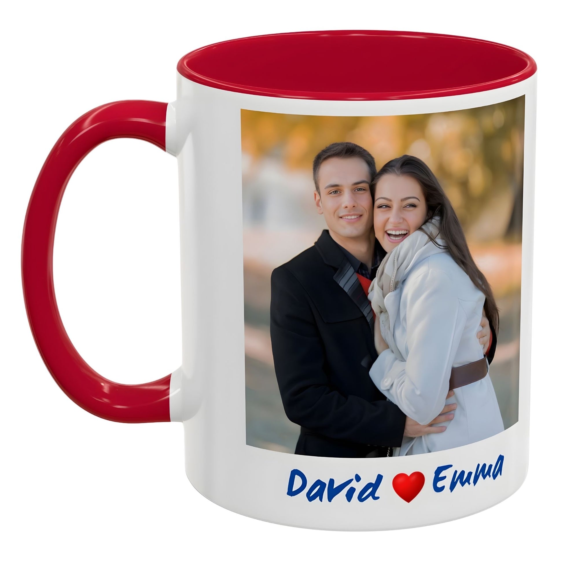 Custom Coffee Mug with photo and text featuring a couple and names David and Emma by lilmonal