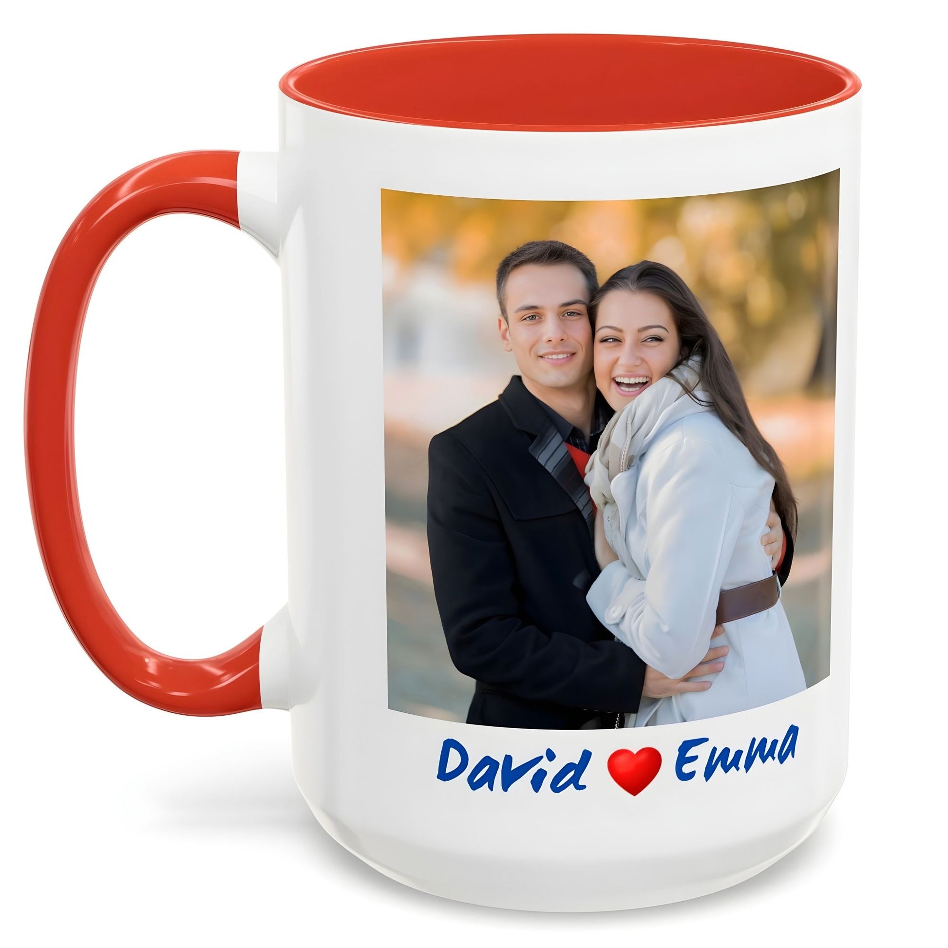 Custom Coffee Mug with photo and text featuring a couple and red handle and interior by lilmonal