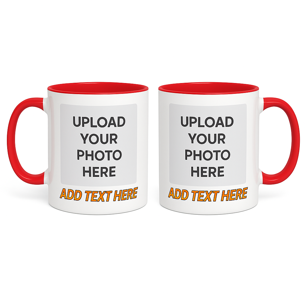 Custom Coffee Mug with photo & text featuring white exterior and red handle and interior for personalized designs