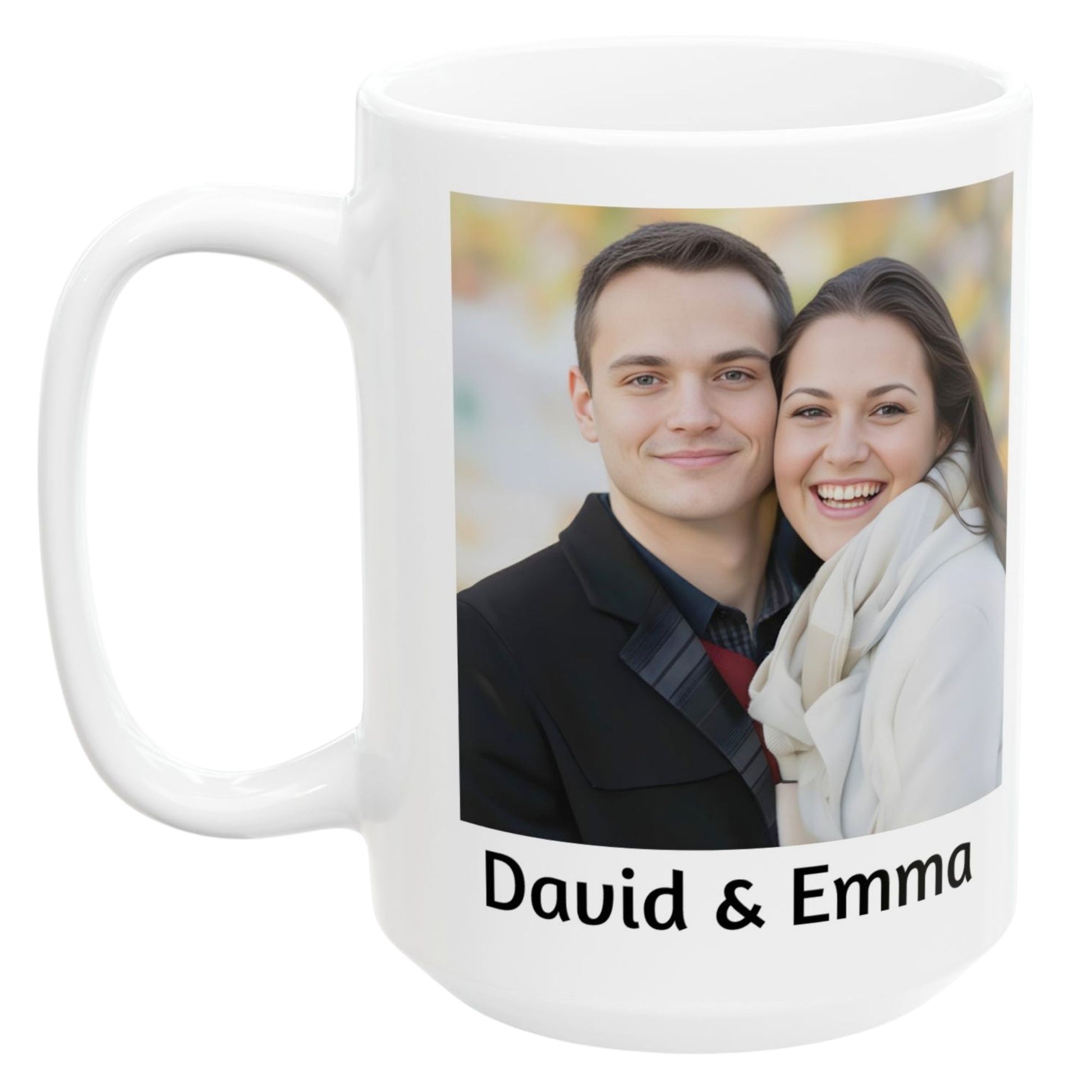 Custom Coffee Mug with photo & text featuring a smiling couple and personalized names 