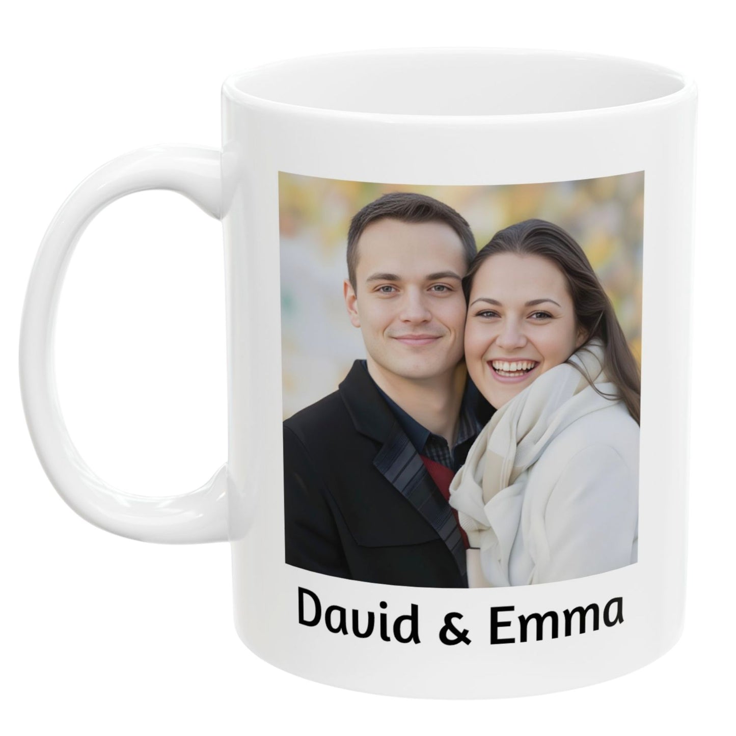 Custom Coffee Mug with photo & text featuring a smiling couple and personalized custom name or text