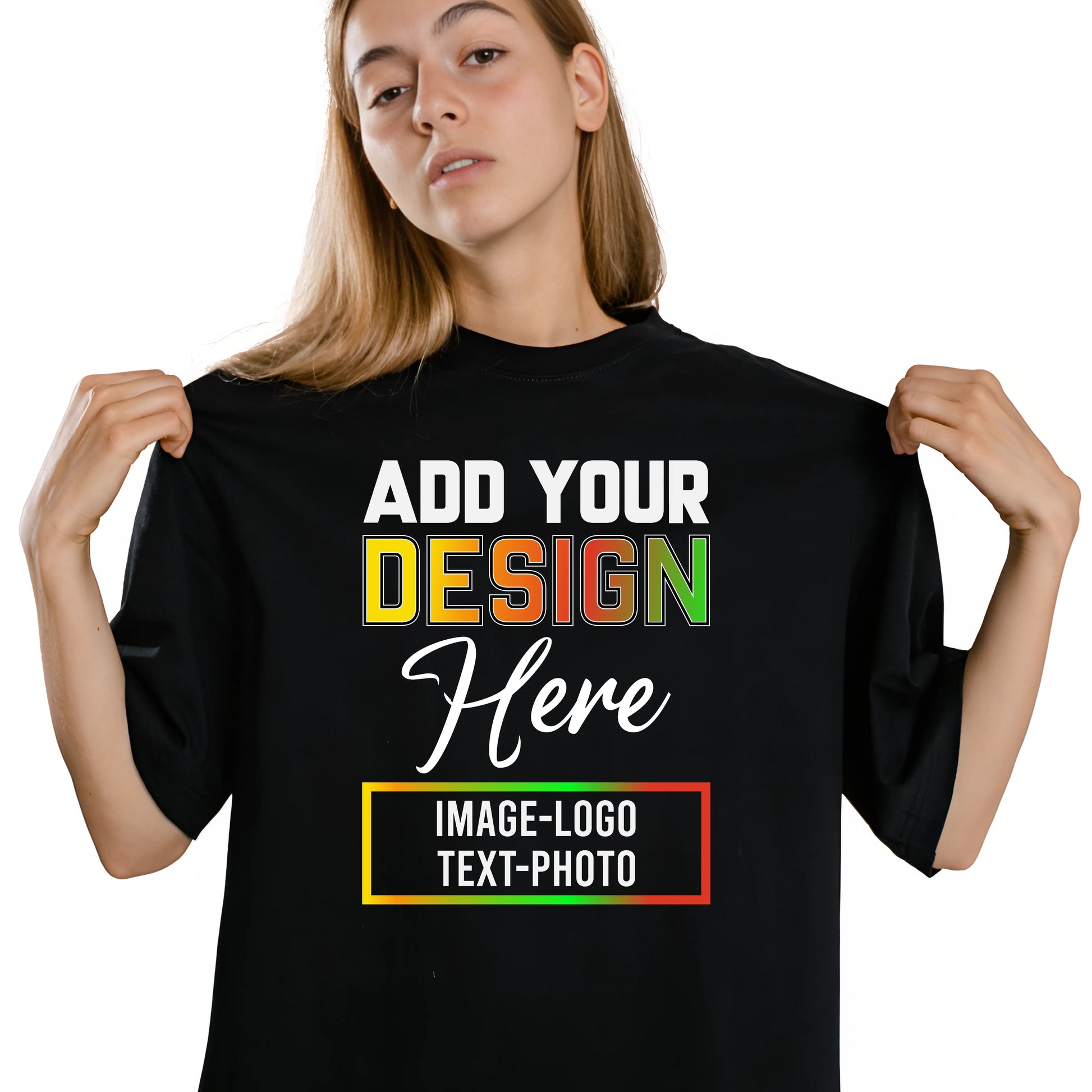 Black custom t-shirts with text photo featuring colorful design and customizable text options