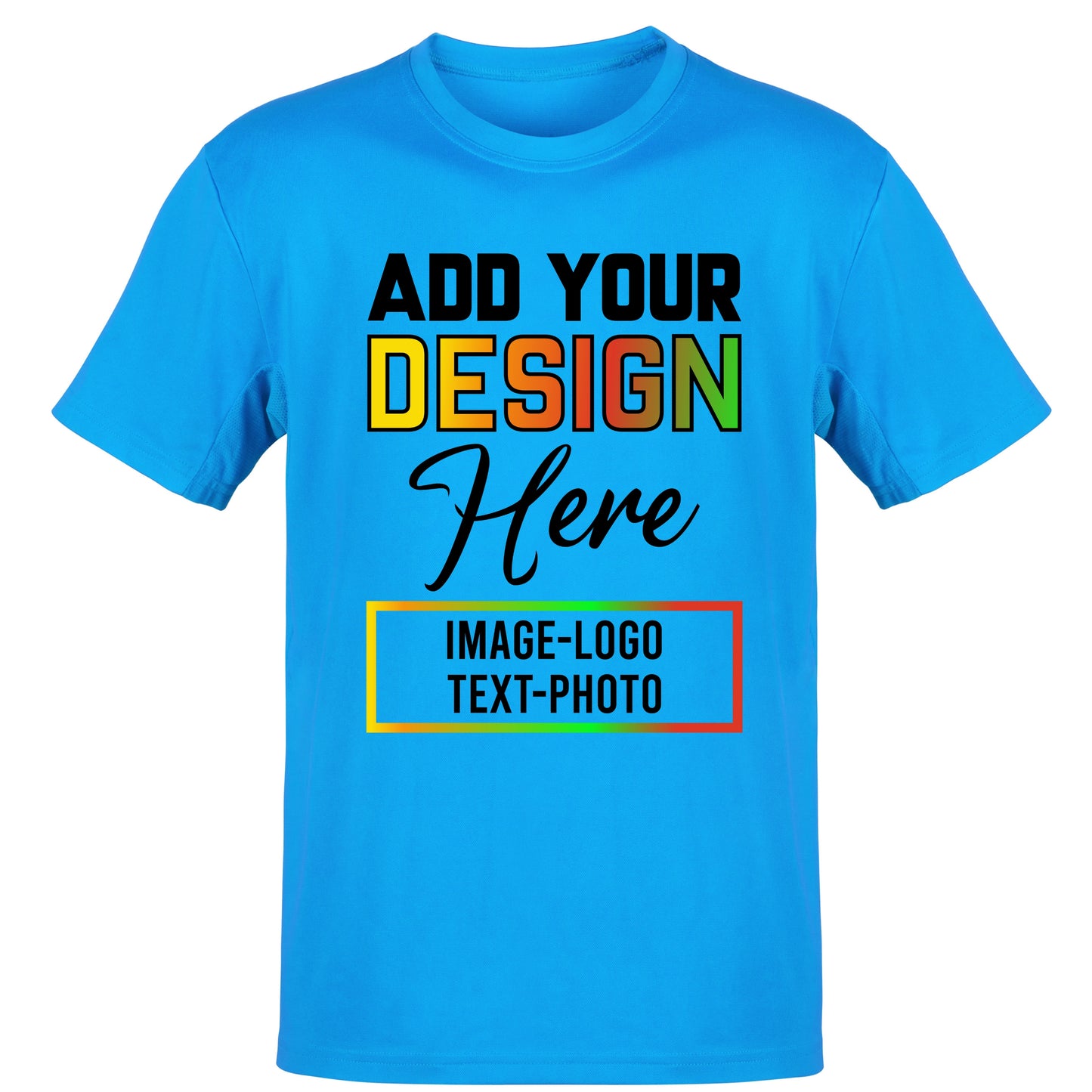 Blue custom t-shirts with text photo design template featuring colorful lettering and customizable space