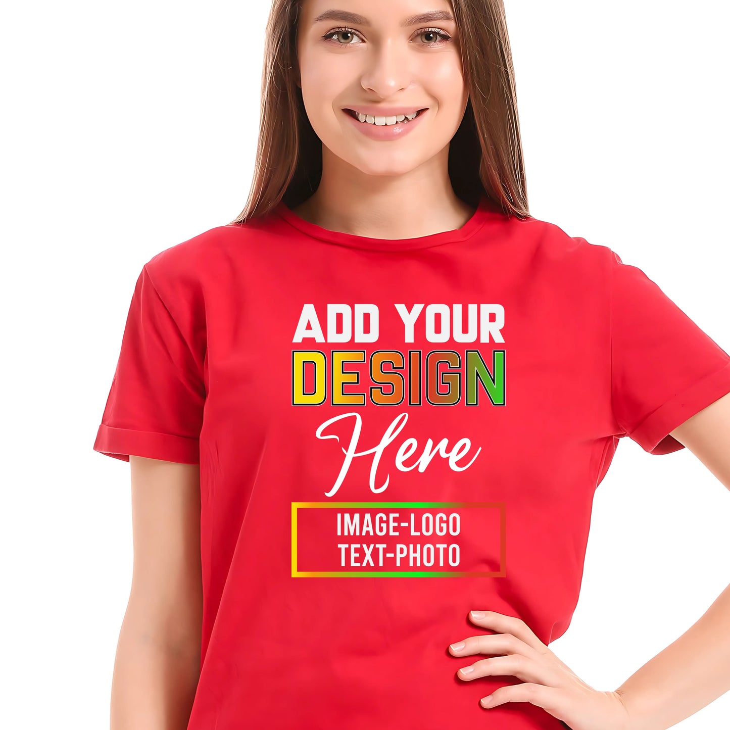Red custom t-shirts with text photo showing Add Your Design Here message on front by lilmonal