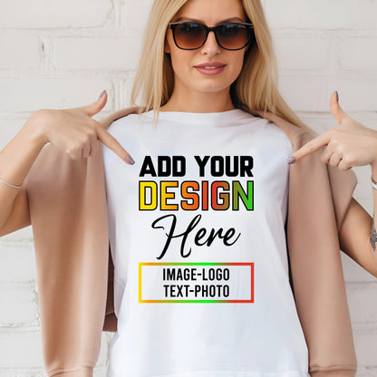 Woman wearing lilmonal custom t-shirts with text photo design shown on white t-shirt