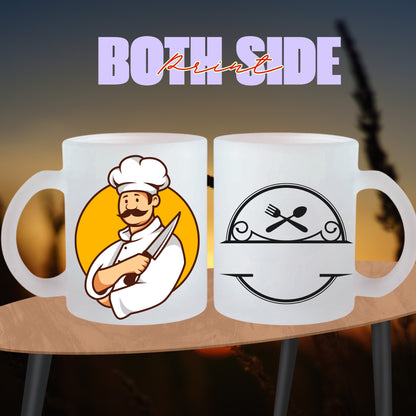 Lilmonal customizable frosted mugs with chef illustration and cutlery design shown on both sides
