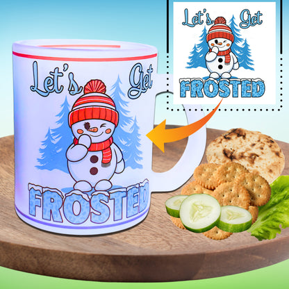 Customizable frosted mugs with a cute snowman design and Let’s Get Frosted text in winter theme