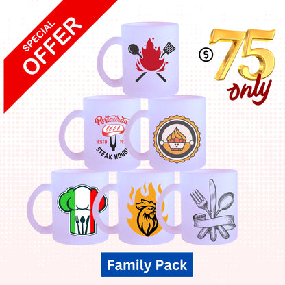 Set of customizable frosted mugs with various cooking and food-themed designs in a family pack