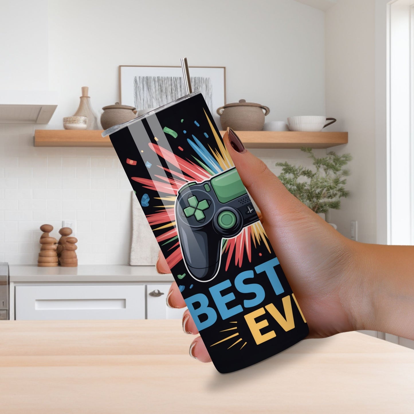 lilmonal gamer dad tumbler water bottle with video game controller design held in hand