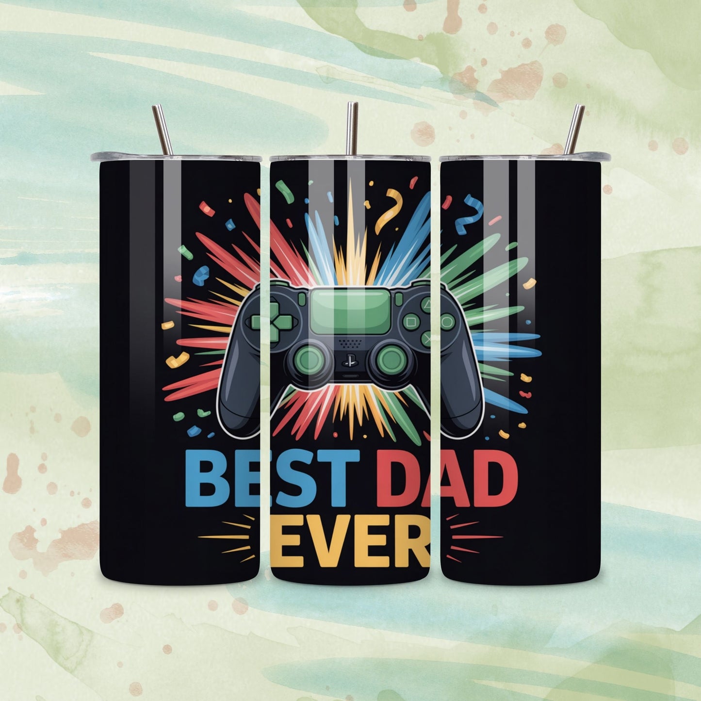 Black gamer dad tumbler with a colorful game controller and best dad ever text design