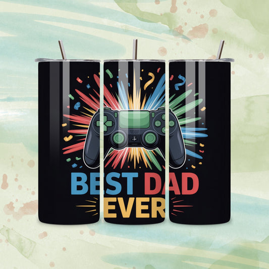 Black gamer dad tumbler with a colorful game controller and best dad ever text design