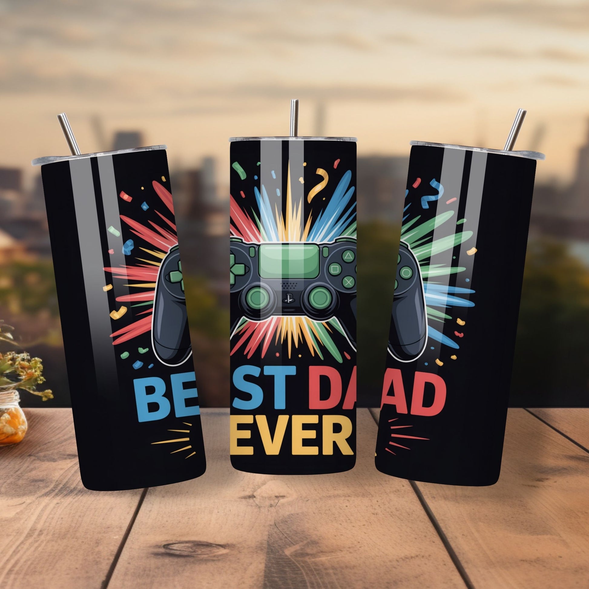 Lilmonal gamer dad tumbler with colorful game controller and best dad ever design on black background