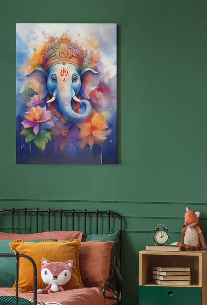 Ganesh wall art canvas by lilmonal featuring colorful elephant god with lotus flowers on green wall