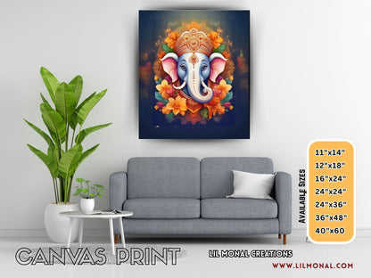 Ganesh wall art canvas by lilmonal featuring vibrant Ganesh image with orange flowers on blue background