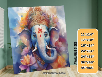 Ganesh wall art canvas featuring colorful spiritual Ganesh painting with lotus flowers in vibrant hues