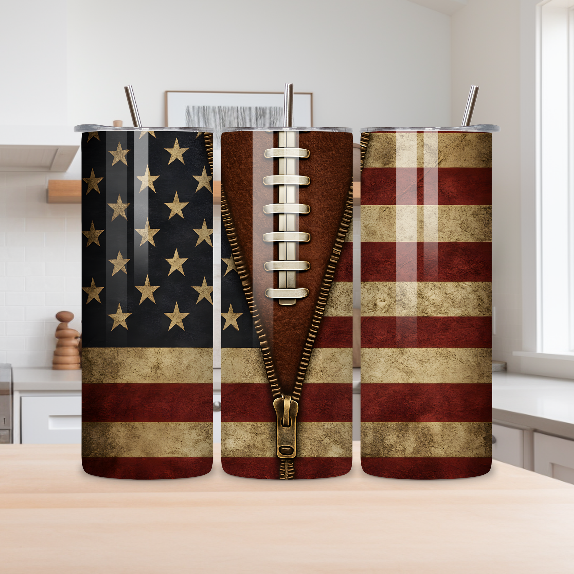 Personalized football tumbler set featuring American flag and football lace zipper design