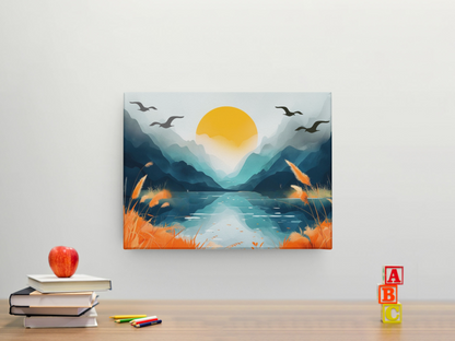 Sunset mountains canvas art by lilmonal featuring a glowing sun over blue mountains with orange foliage