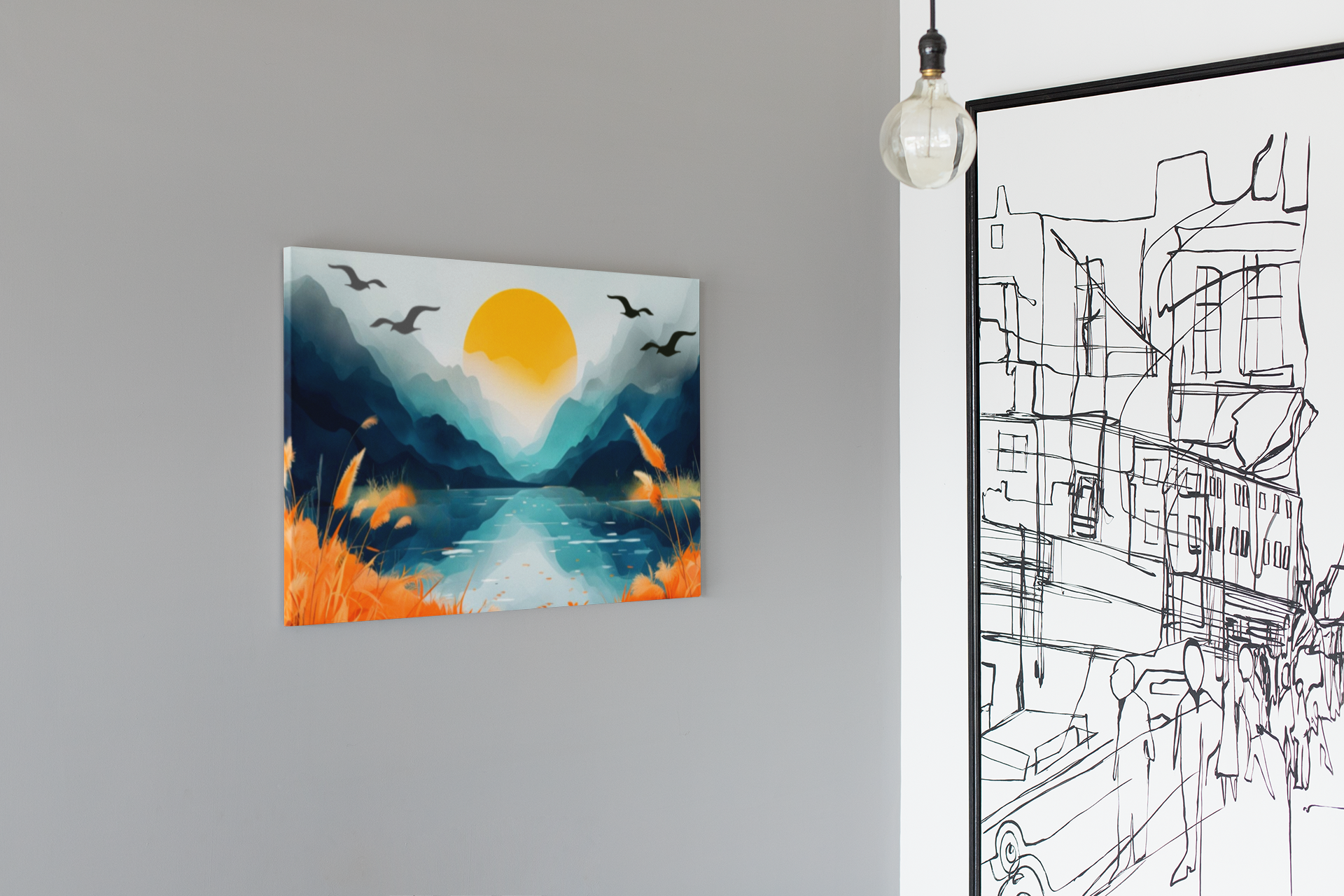 Sunset mountains canvas art with vibrant orange and blue tones hanging on gray wall by lilmonal