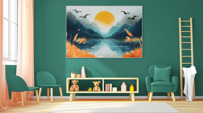 Sunset mountains canvas art by lilmonal showing orange sun over mountains with birds and lake in modern living room