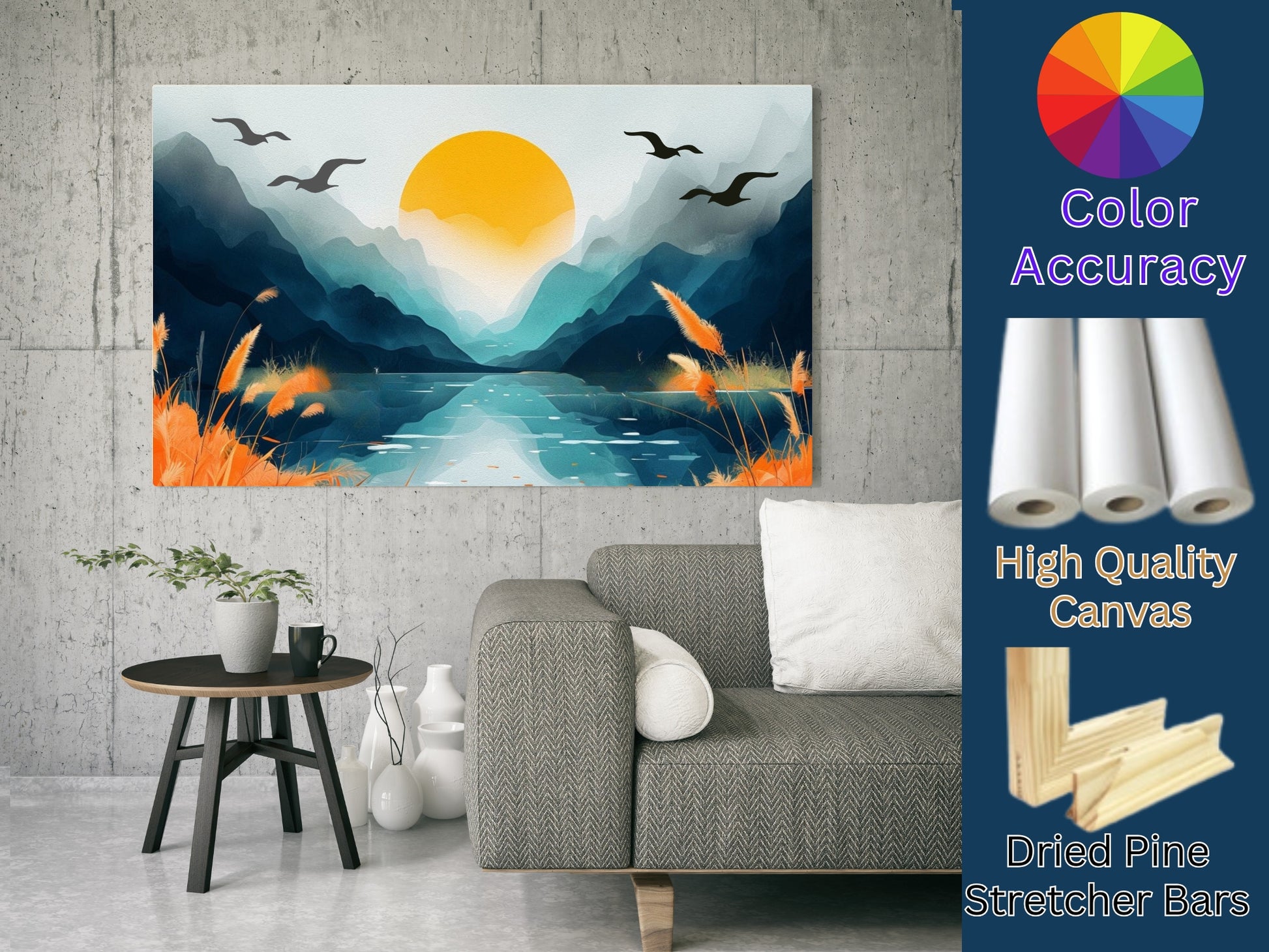 sunset mountains canvas art hanging above gray sofa in modern living room with orange grass and birds