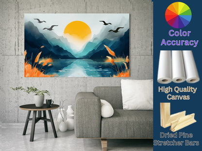 sunset mountains canvas art hanging above gray sofa in modern living room with orange grass and birds