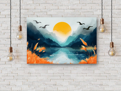 Sunset mountains canvas art by lilmonal with bright orange foliage and flying birds over a river