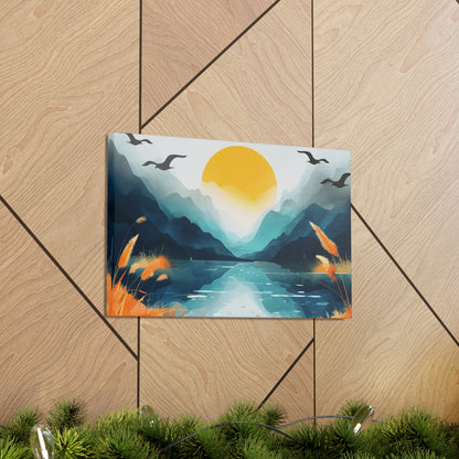 Sunset mountains canvas art by lilmonal featuring a bright yellow sun over teal mountains with birds and orange foliage