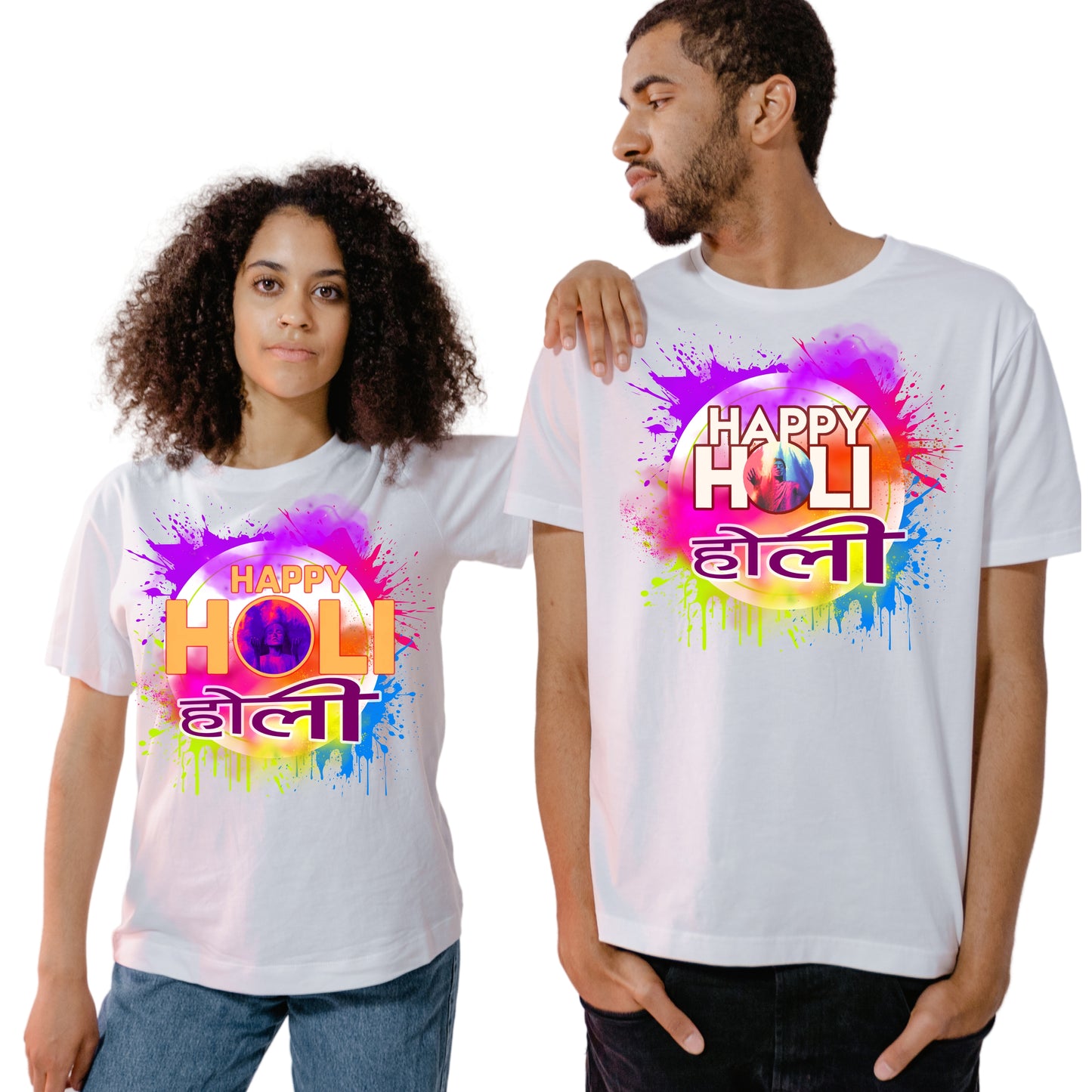 White holi t-shirt for men and women with colorful Happy Holi design and Hindi text