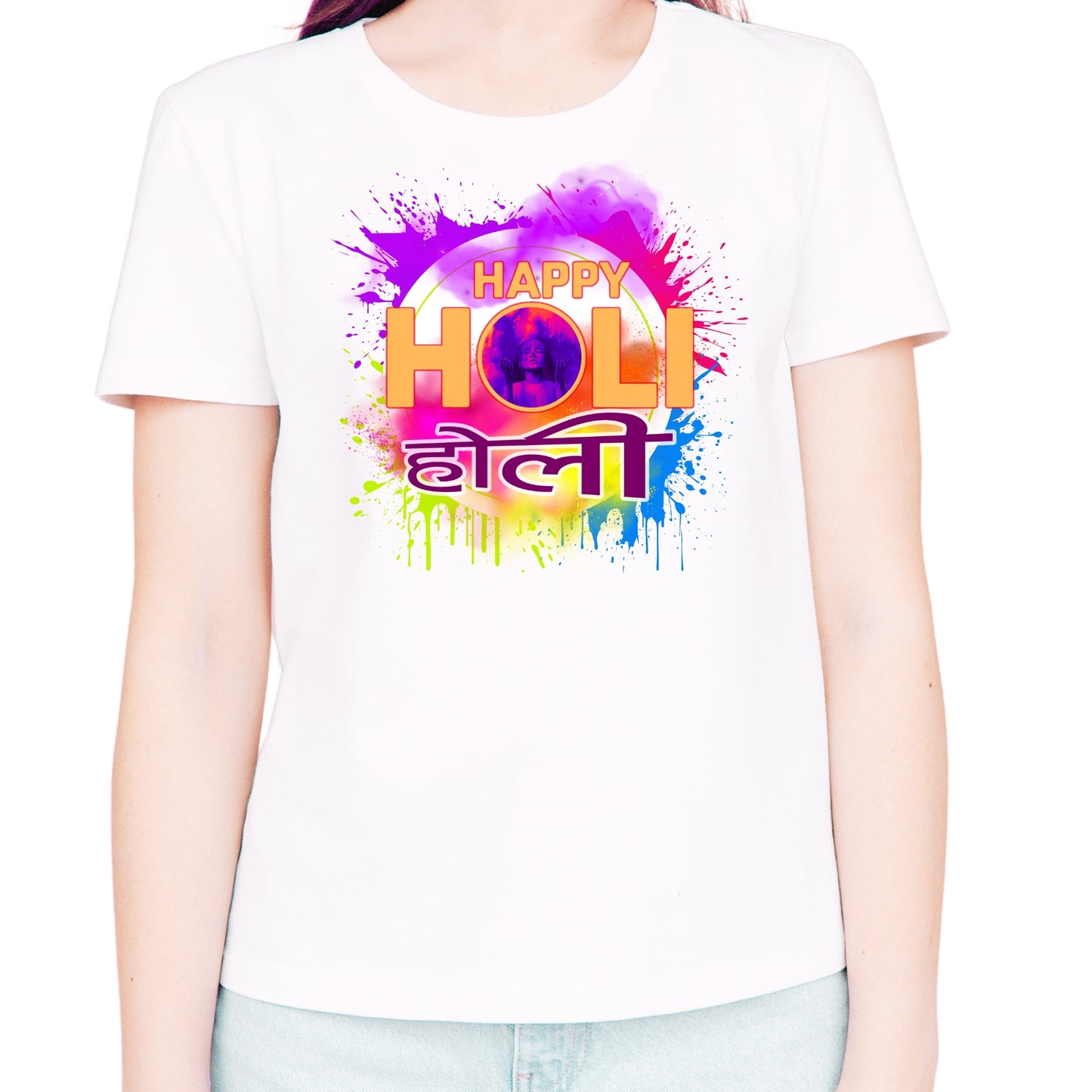 White holi t-shirt for men and women with colorful Happy Holi splash design by lilmonal