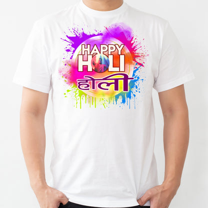 White holi t-shirt for men and women with colorful Happy Holi text and vibrant paint splashes