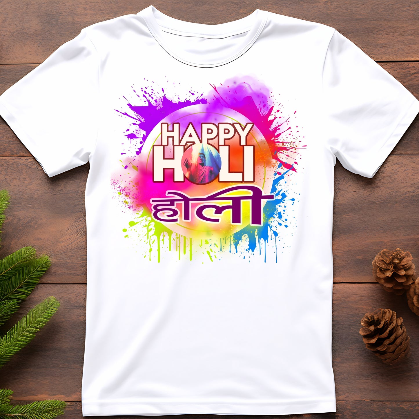 White holi t-shirt for men and women with colorful Happy Holi graphic design by lilmonal