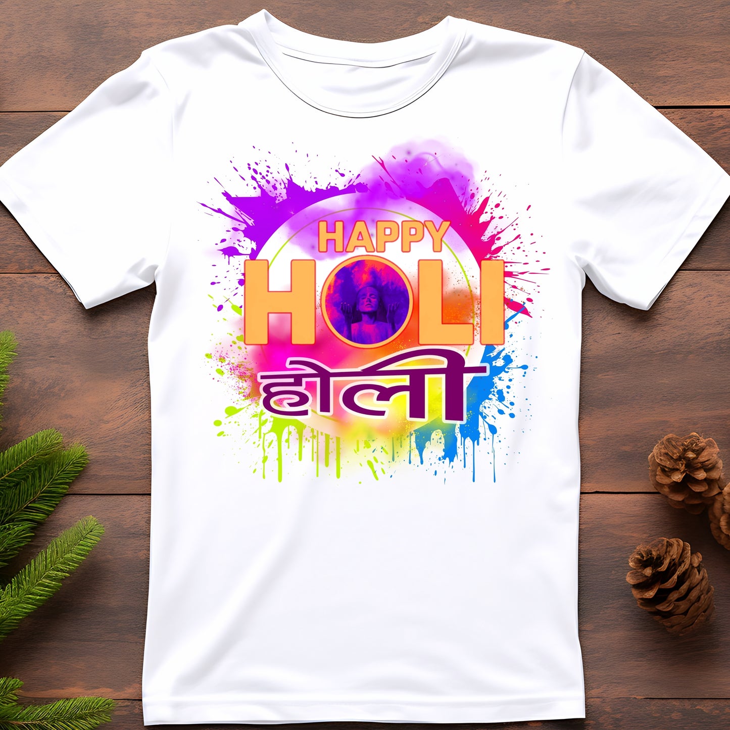 White holi t-shirt for men and women with colorful Happy Holi paint splash design