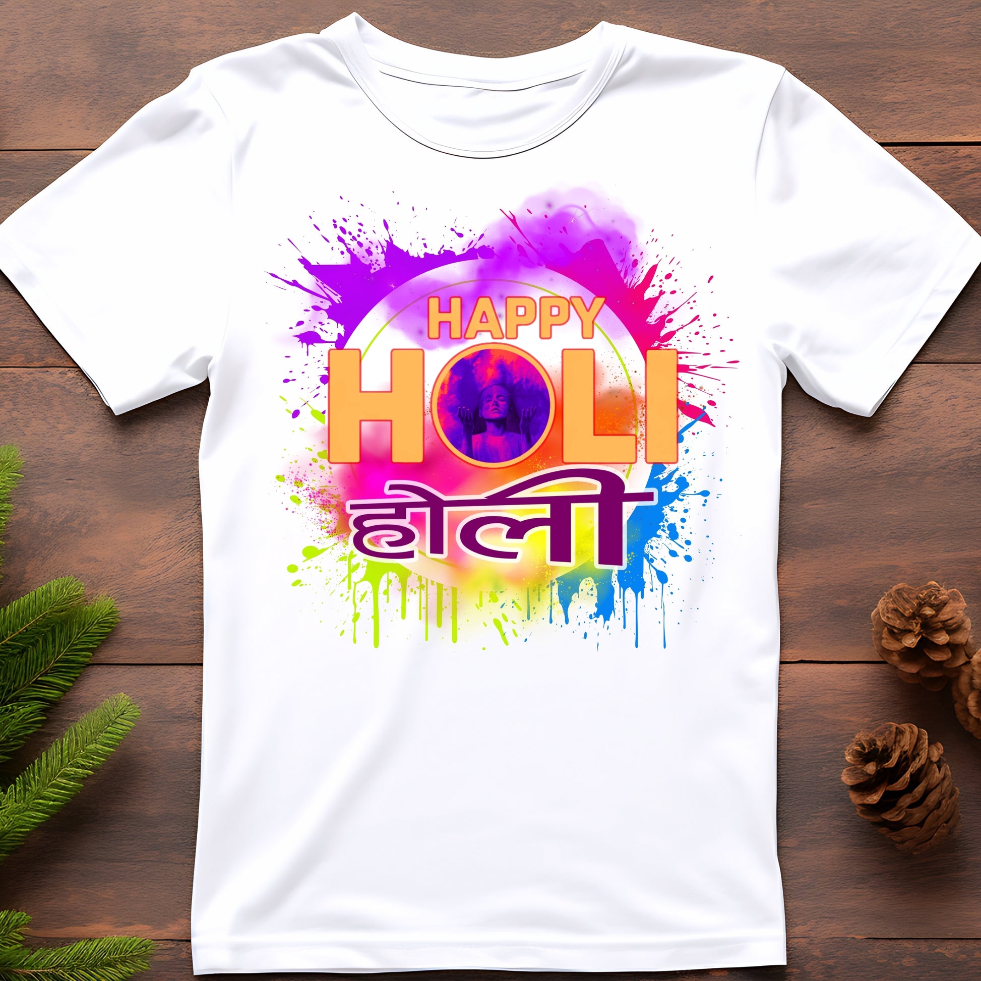 White holi t-shirt for men and women with colorful Happy Holi paint splash design