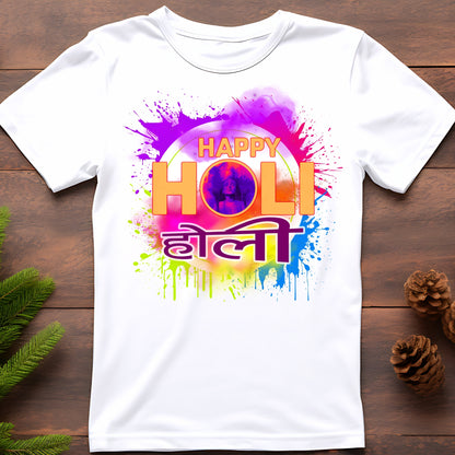 White holi t-shirt for men and women with colorful Happy Holi paint splash design