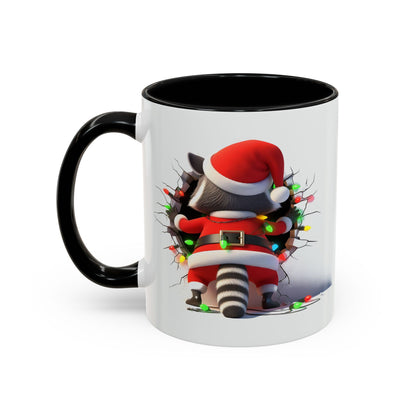 Holiday raccoon coffee cup with raccoon in Santa outfit and colorful Christmas lights