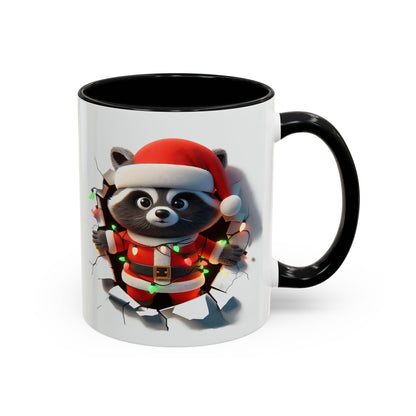 Holiday raccoon coffee cup with cute raccoon in Santa outfit and Christmas lights on white mug