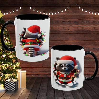 Holiday raccoon coffee cup with raccoon in Santa outfit holding Christmas lights on white mug
