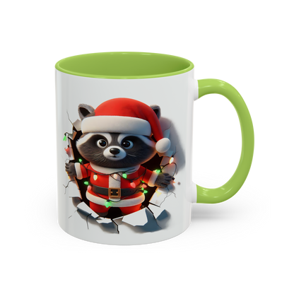 Holiday raccoon coffee cup with green handle and inner rim featuring raccoon in Santa outfit with Christmas lights