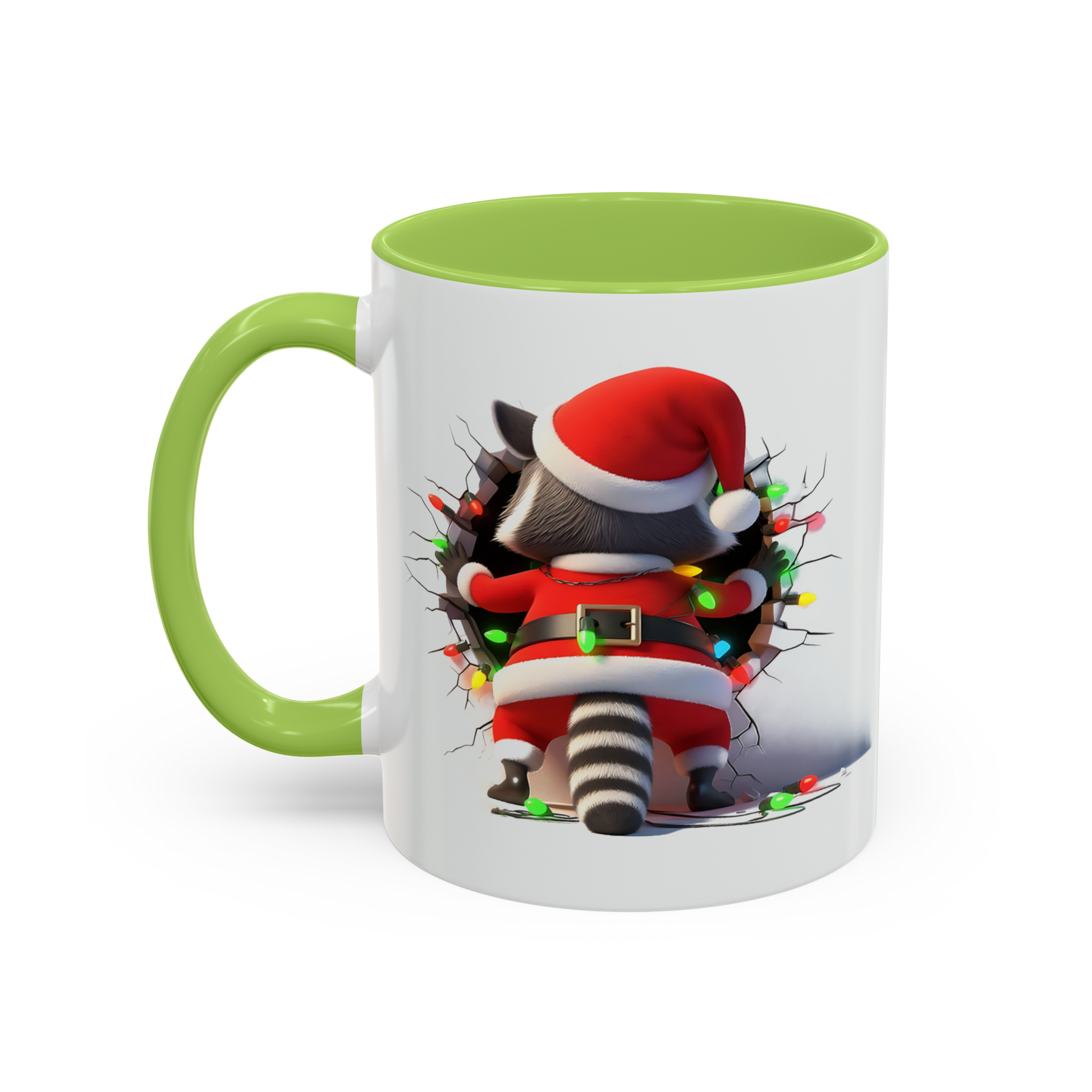 Lilmonal holiday raccoon coffee cup with green handle and rim featuring raccoon in Santa outfit