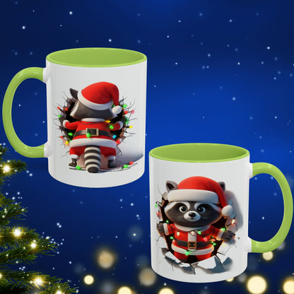 Holiday raccoon coffee cup with raccoon in Santa outfit and holiday lights on white mug with green handle