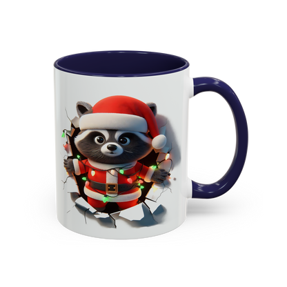 Holiday raccoon coffee cup with raccoon in Santa outfit wrapped in Christmas lights on white mug with navy handle