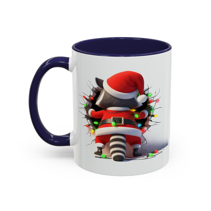 Holiday raccoon coffee cup with raccoon dressed in Santa outfit climbing through wall with Christmas lights