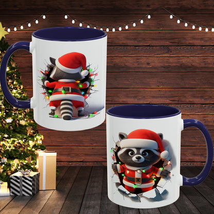 Holiday raccoon coffee cup by lilmonal featuring raccoon in Santa outfit with colorful lights