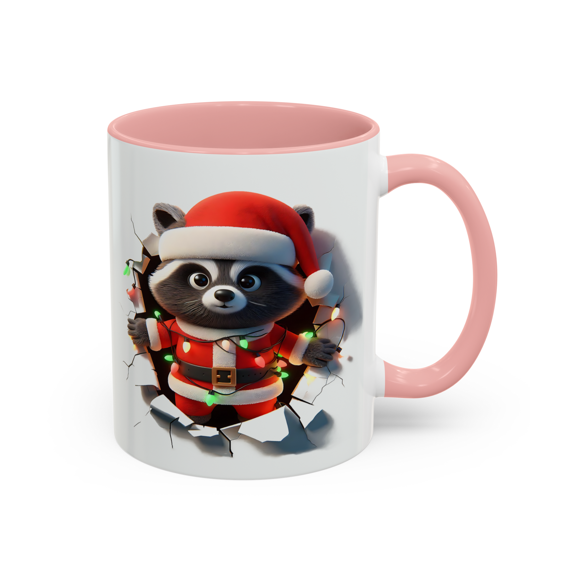 Holiday raccoon coffee cup with pink handle featuring raccoon in Santa outfit holding Christmas lights