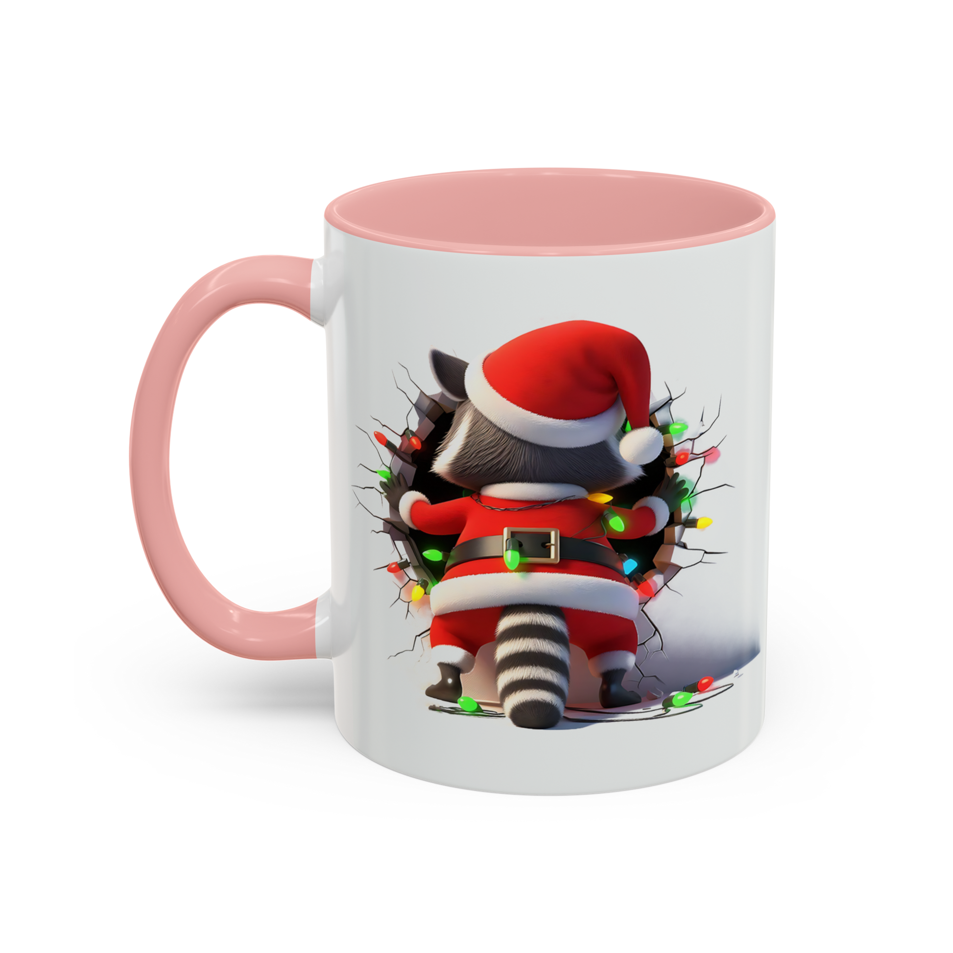Holiday raccoon coffee cup with cute raccoon in Santa outfit and pink handle and interior