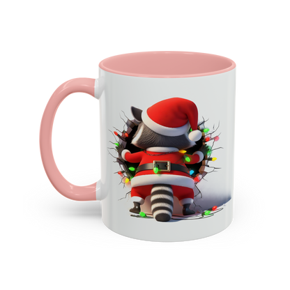 Holiday raccoon coffee cup with cute raccoon in Santa outfit and pink handle and interior