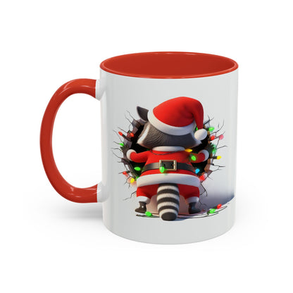 Holiday raccoon coffee cup with raccoon in Santa outfit and colorful Christmas lights on white mug