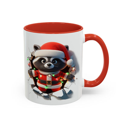 lilmonal holiday raccoon coffee cup with festive raccoon in Santa outfit and Christmas lights